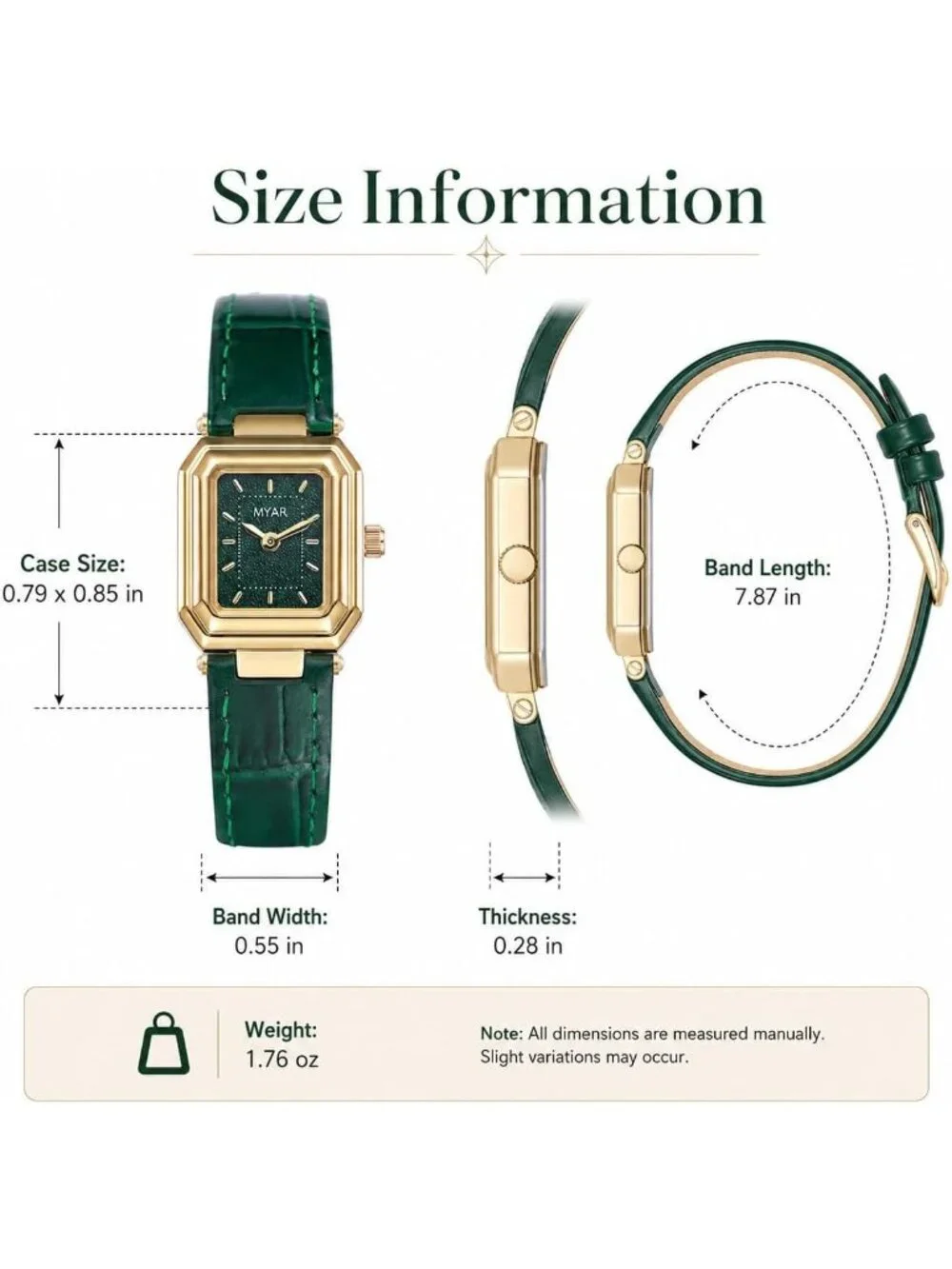 Women's Green Square Vintage Leather Strap Dress Quartz Elegant Wrist Watches